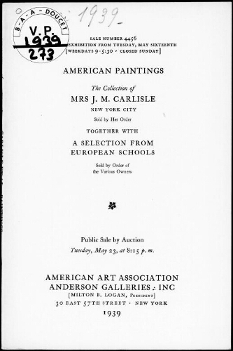 American paintings […] : [vente du 23 mai 1939]