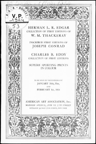 Herman L. R. Edgar collection of first editions of W. M. Thackeray [...] : [vente du 30 janvier au 1er février 1924]