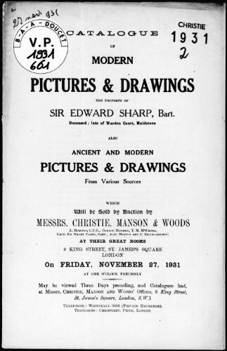 Catalogue of modern pictures & drawings, the property of Sir Edward Sharp [...] : [vente du 27 novembre 1931]