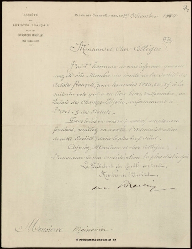 Lettre du président du Comité sortant, Société Nationale des Artistes Français, à Jean-Louis-Ernest Meissonier, 1er décembre 1884