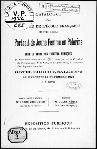Catalogue d'un tableau de l'école française du XVIIIe siècle, Portrait de jeune femme en pélerine : [vente du 29 novembre 1922]