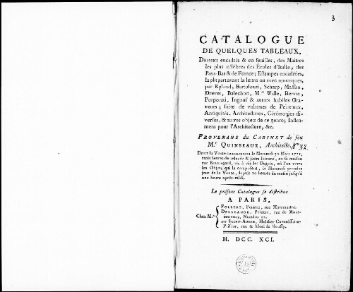 Catalogue de quelques tableaux, dessins encadrés et en feuilles [...] : [vente du 30 mars 1791]