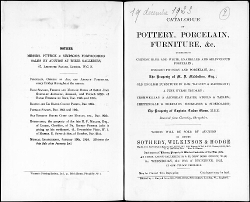 Catalogue of pottery, porcelain, furniture, etc. [...] : [vente du 19 décembre 1923]