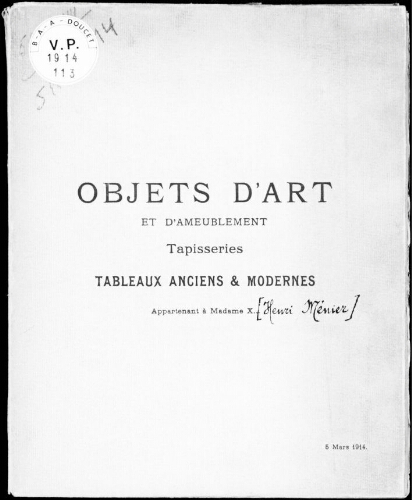 Catalogue des objets d’art et d’ameublement [...] : [vente du 5 mars 1914]
