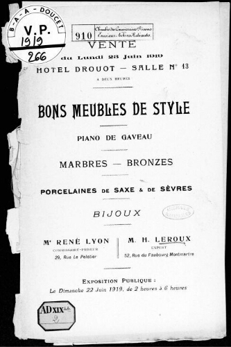 Bons meubles de style, piano de Gaveau, marbres, bronzes [...] : [vente du 23 juin 1919]