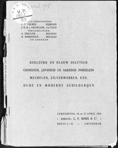 Catalogus van gekleurd en blauw Delftsch Chineesch en Japansch porselein […] : [vente des 16 et 17 avril 1918]