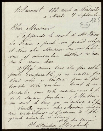 Lettre du Comte de Dienheim à Jean-Louis-Ernest Meissonier, 4 septembre 1877