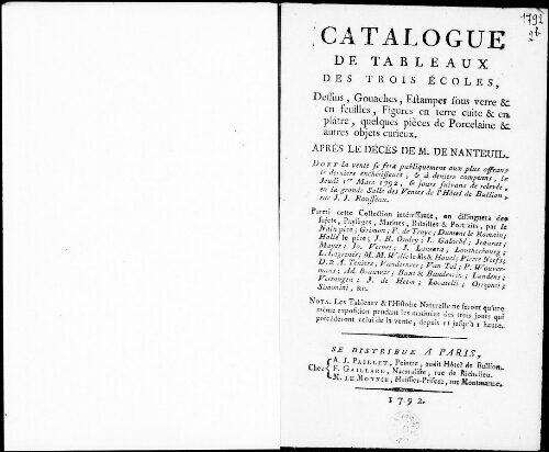 Catalogue de tableaux des trois écoles, dessins, gouaches [...] : [vente du 1er mars 1792]