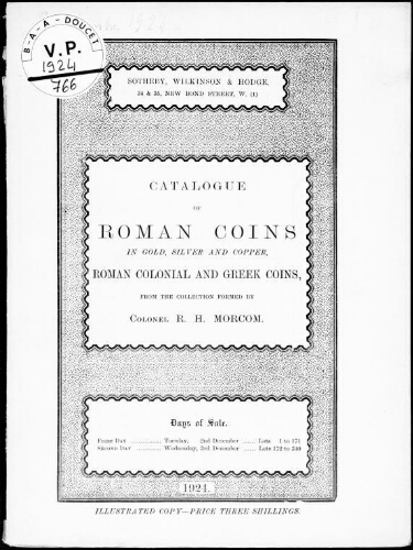 Catalogue of Roman coins in gold, silver and copper […] from the collection formed by Colonel R. H. Morcom :  [vente des 2 et 3 décembre 1924]