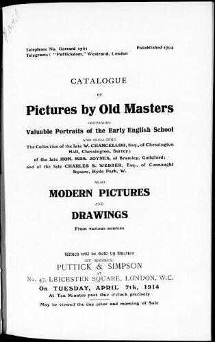 Catalogue of pictures by old masters [...] : [vente du 7 avril 1914]