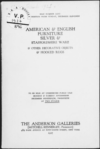 American and English furniture [...] to be sold by order of Mrs. Laurie E. Post [...] : [vente des 19 et 20 décembre 1927]