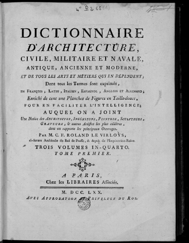 Dictionnaire d'architecture, civile, militaire et navale [...]. Tome 1 : A - F