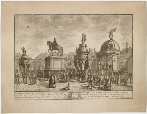 Vue perspective de la décoration de la place royale de Dijon [...] à l'occasion de la naissance de son altesse sérénissime Monseigneur le duc d'Enghien