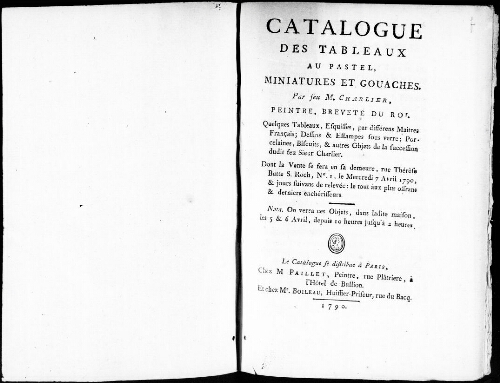 Catalogue des tableaux au pastel, miniatures et gouaches par feu M. Charlier [...] : [vente du 7 avril 1790]