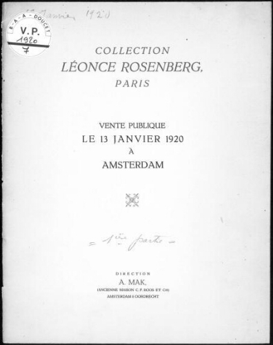 Collection Léonce Rosenberg, Paris [...]. Première partie : [vente du 13 janvier 1920]