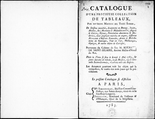Catalogue d’une précieuse collection de tableaux par différentes maîtres des trois écoles [...] : [vente du 5 mai 1783]