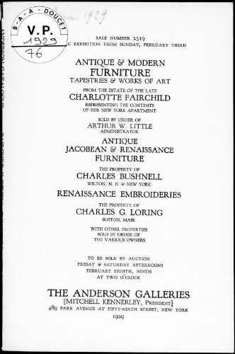 Antique and modern furniture [...] from the estate of the late Charlotte Fairchild [...] : [vente des 8 et 9 février 1929]