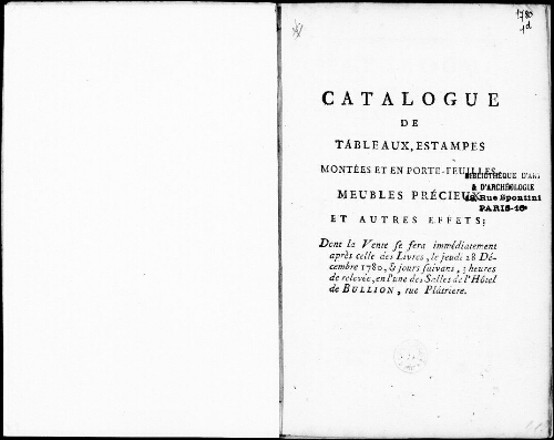 Catalogue de tableaux, estampes montées et en porte-feuilles, meubles précieux [...] : [vente du 28 décembre 1780]