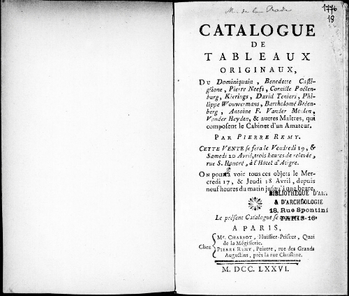 Catalogue de tableaux originaux [...] : [vente du 19 avril 1776]