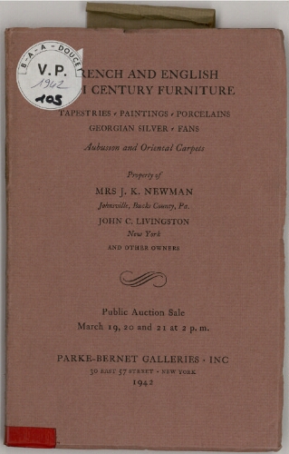 Property of Mrs J. K. Newman, Johnsville, Bucks County, Pa., John C. Livingstone, New York, and other owners [...] : [vente du 19 au 21 mars 1942]
