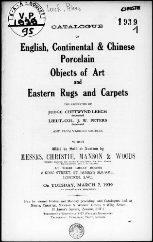 Catalogue of English, continental and Chinese porcelain […] : [vente du 7 mars 1939]
