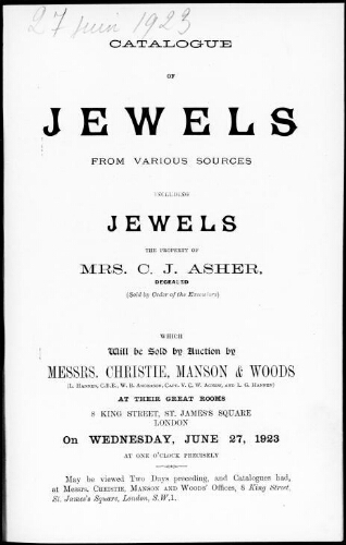 Catalogue of jewels from various sources, including jewels, the property of Mrs. C. J. Asher [...] : [vente du 27 juin 1923]