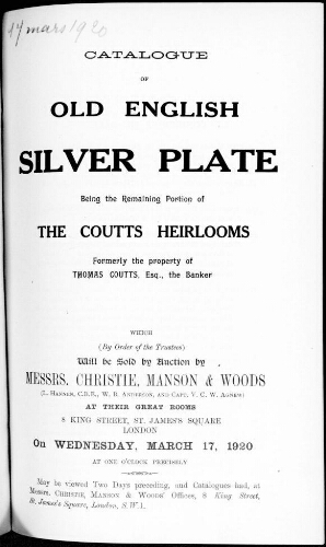 Catalogue of old english silver plate [...] : [vente du 17 mars 1920]