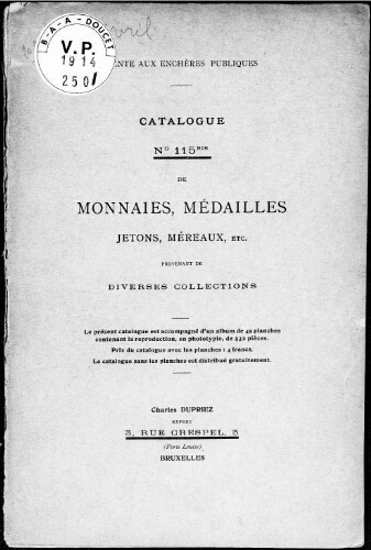 Catalogue N°115bis de monnaies, médailles, jetons, méreaux [...] : [vente du 20 avril 1914]