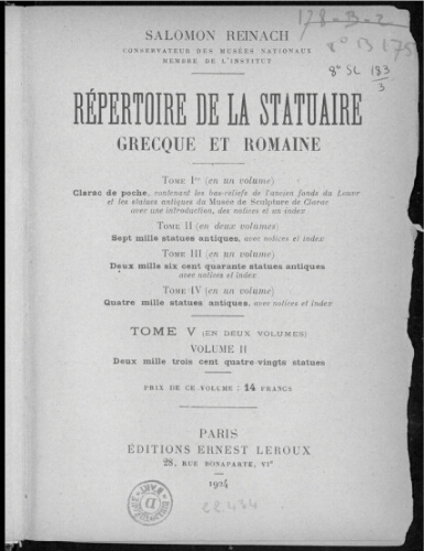 Répertoire de la statuaire grecque et romaine. Tome V, volume 2