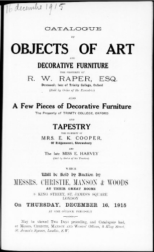 Catalogue of objects of art and decorative furniture […] : [vente du 16 décembre 1915]