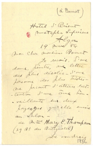 Lettre de Frederick Arthur Bridgman à Léon Bonnat, 14 mars 1886