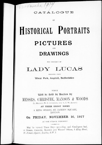 Catalogue of historical portraits, pictures and drawings […] : [vente du 16 novembre 1917]