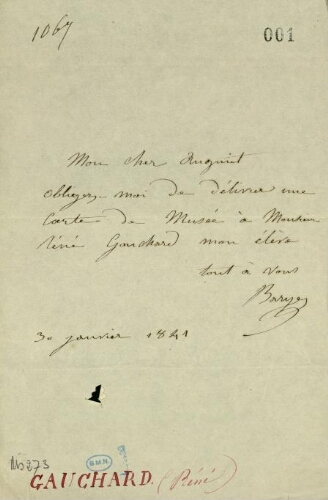 Antoine Louis Barye. Lettre autographe signée