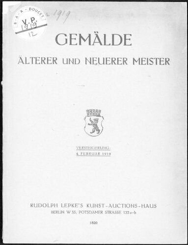 Gemälde älterer und neuerer Meister dabei Rheinische Sammlung [...] : [vente du 4 février 1919]
