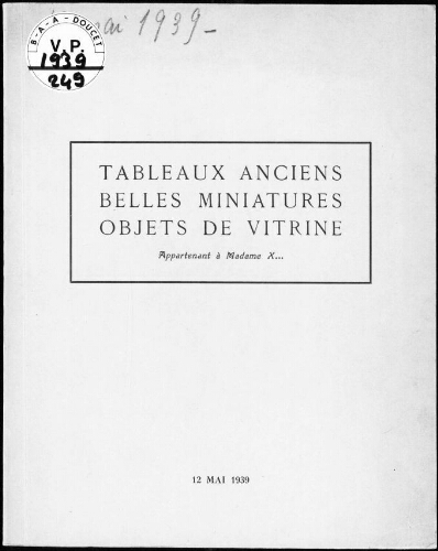Tableaux anciens, dessins, gouaches […] : [vente du 12 mai 1939]