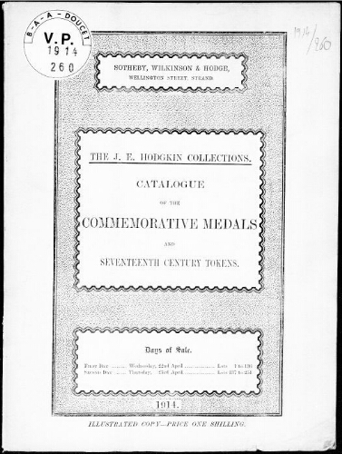 Catalogue of the commemorative medals and seventeenth century tokens [...] : [vente du 22 avril 1914]