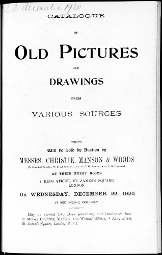 Catalogue of Old Pictures and Drawings from Various Sources [...] : [vente du 22 décembre 1920]