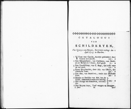 Catalogus van Schilderyen van Quiryn van Stryen [...] : [vente du 2 avril 1715]
