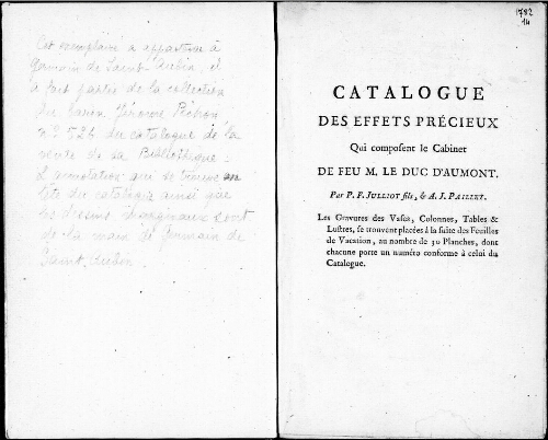 Catalogue des effets précieux qui composent le cabinet de feu M. le duc d'Aumont [...] : [vente du 12 au 21 décembre 1782]