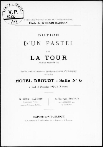Notice d'un pastel par La Tour (Maurice Quentin de) [...] : [vente du 4 décembre 1924]