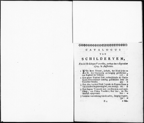 Catalogus van Schilderyen van de Hr Schepen Pieter Six [...] : [vente du 2 septembre 1704]