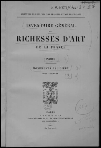 Inventaire général des richesses d'art de la France. Paris, monuments religieux. Tome 3