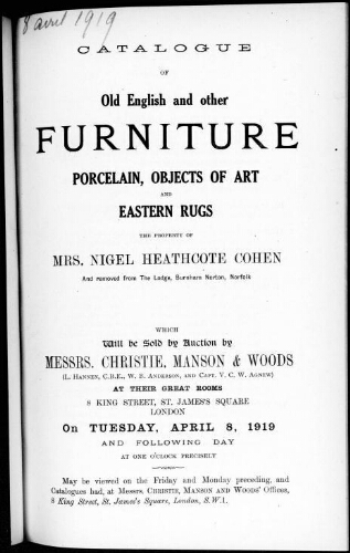 Catalogue of old English and other furniture, porcelain, objects of art and Eastern rugs [...] : [vente du 8 avril 1919]