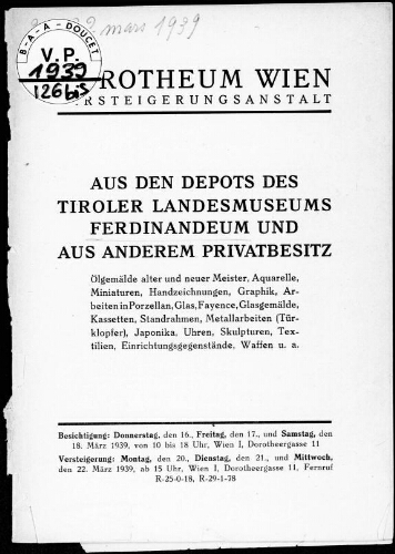Depots des Tiroler Landesmuseums Ferdinandeum und aus anderem Privatbesitz […] : [vente du 20 au 22 mars 1939]