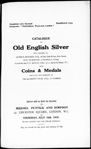 Catalogue of old English silver […] : [vente du 15 juillet 1915]