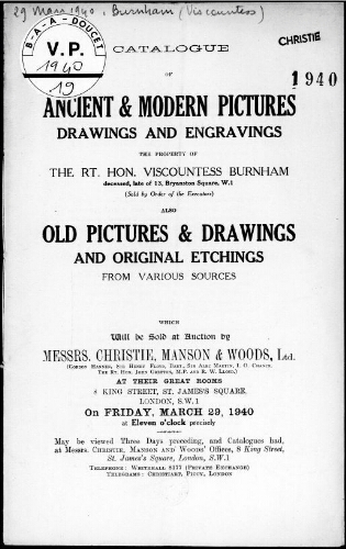 Catalogue of Ancient and Modern Pictures, Drawings and Engravings, the Property of the Rt. Hon. Viscountess Burnham [...] : [vente du 29 mars 1940]