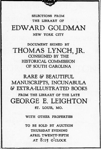 Selections from the library of Edward Goldman, New York City [...] : [vente du 25 avril 1929]