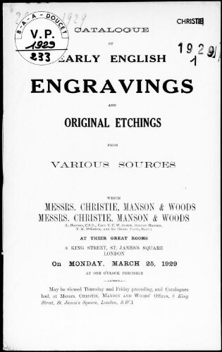 Catalogue of early English engravings and original etchings from various sources [...] : [vente du 25 mars 1929]