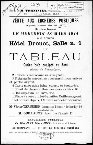 Tableau, cadre bois sculpté et doré (genre du Bourguignon) [...] : [vente du 18 mars 1914]
