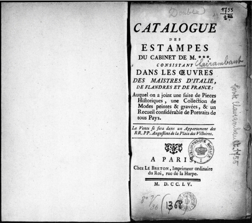 Catalogue des estampes du cabinet de M.*** [...] : [vente de 1755]